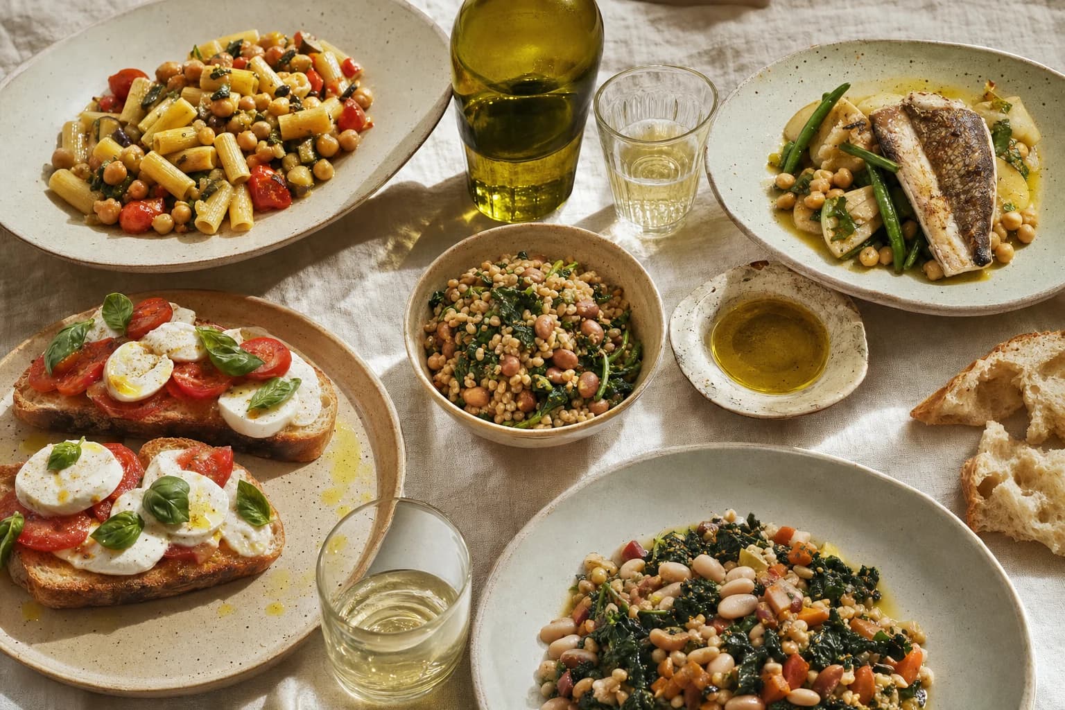 Diversi piatti mediterranei semplici che mostrano la varietà del modello alimentare.