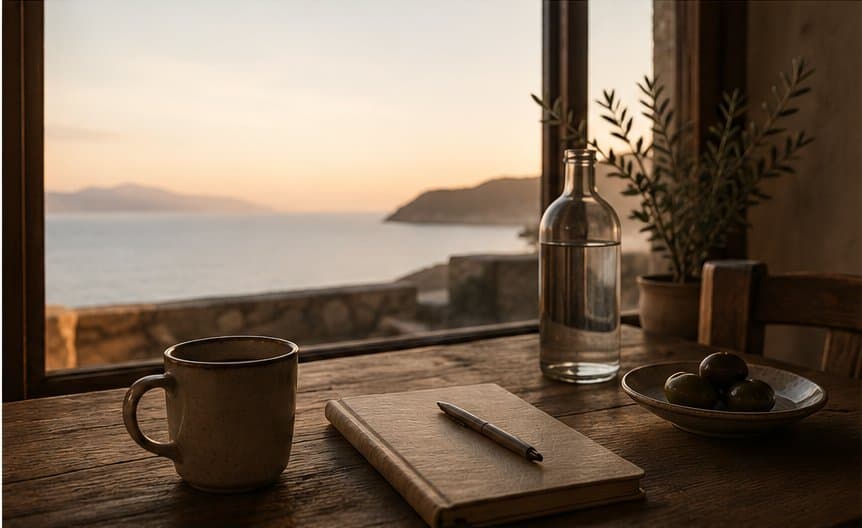 Tavolo in legno affacciato sul Mediterraneo, con una tazza e un quaderno nella luce calda della giornata.