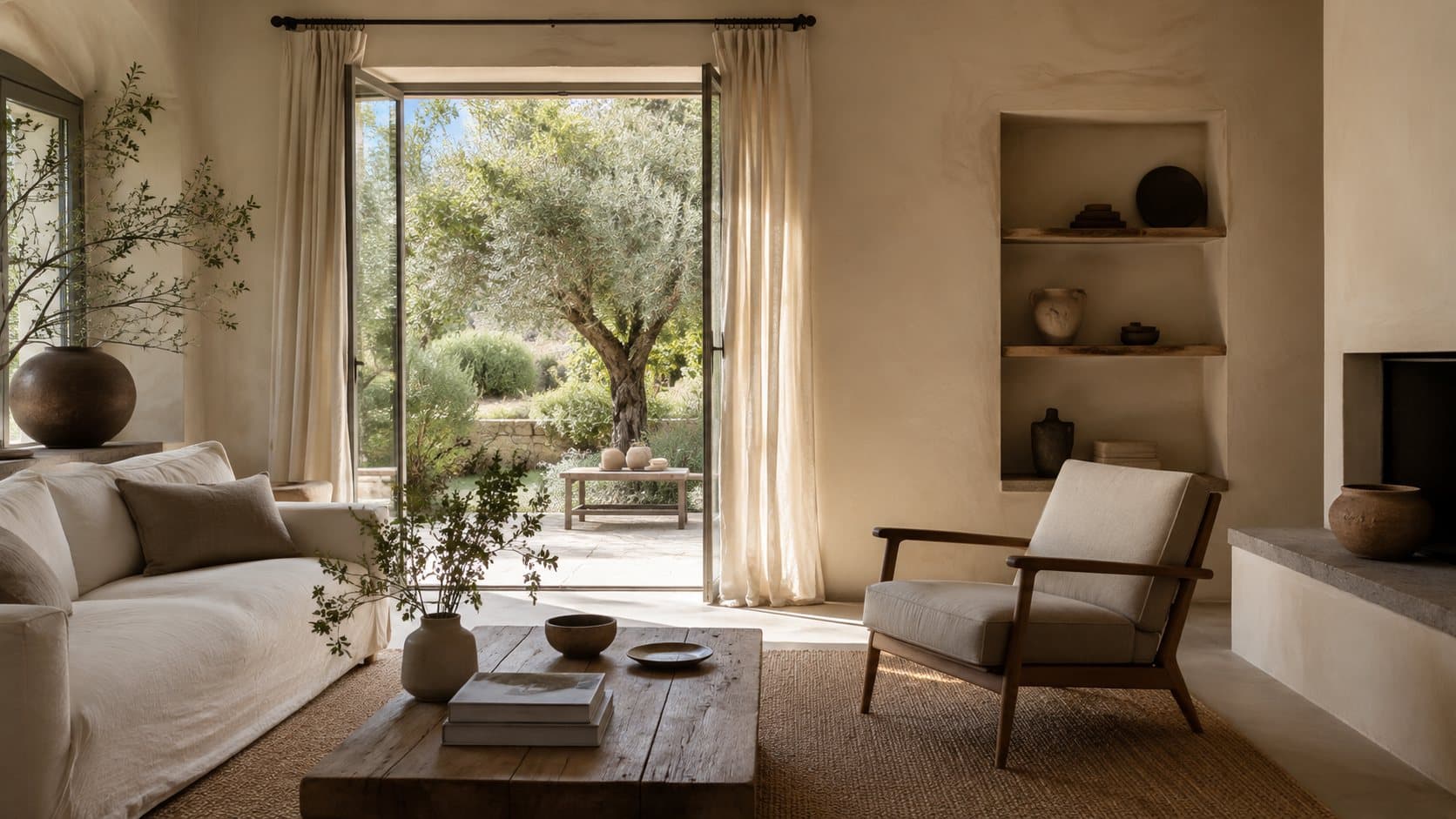 Soggiorno contemporaneo caldo e rilassante con luce naturale e materiali materici.