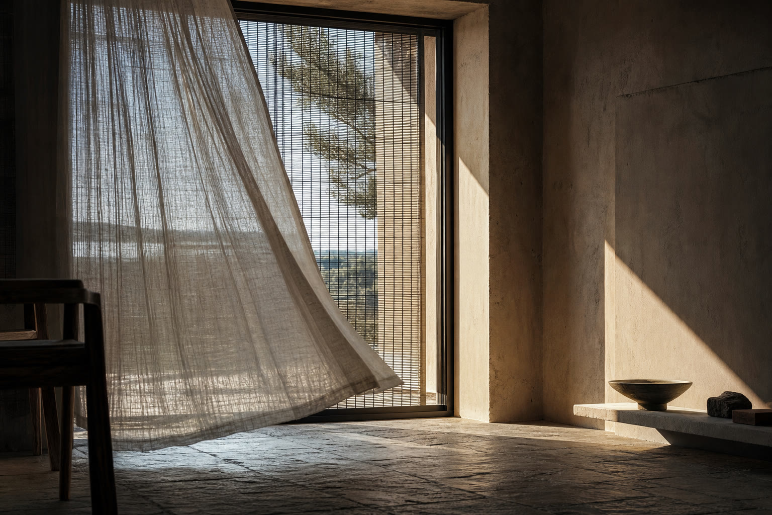 Interno mediterraneo contemporaneo in agosto: finestra schermata esternamente, lama di luce controllata, tenda leggera mossa dall'aria, pareti minerali e pavimento in pietra