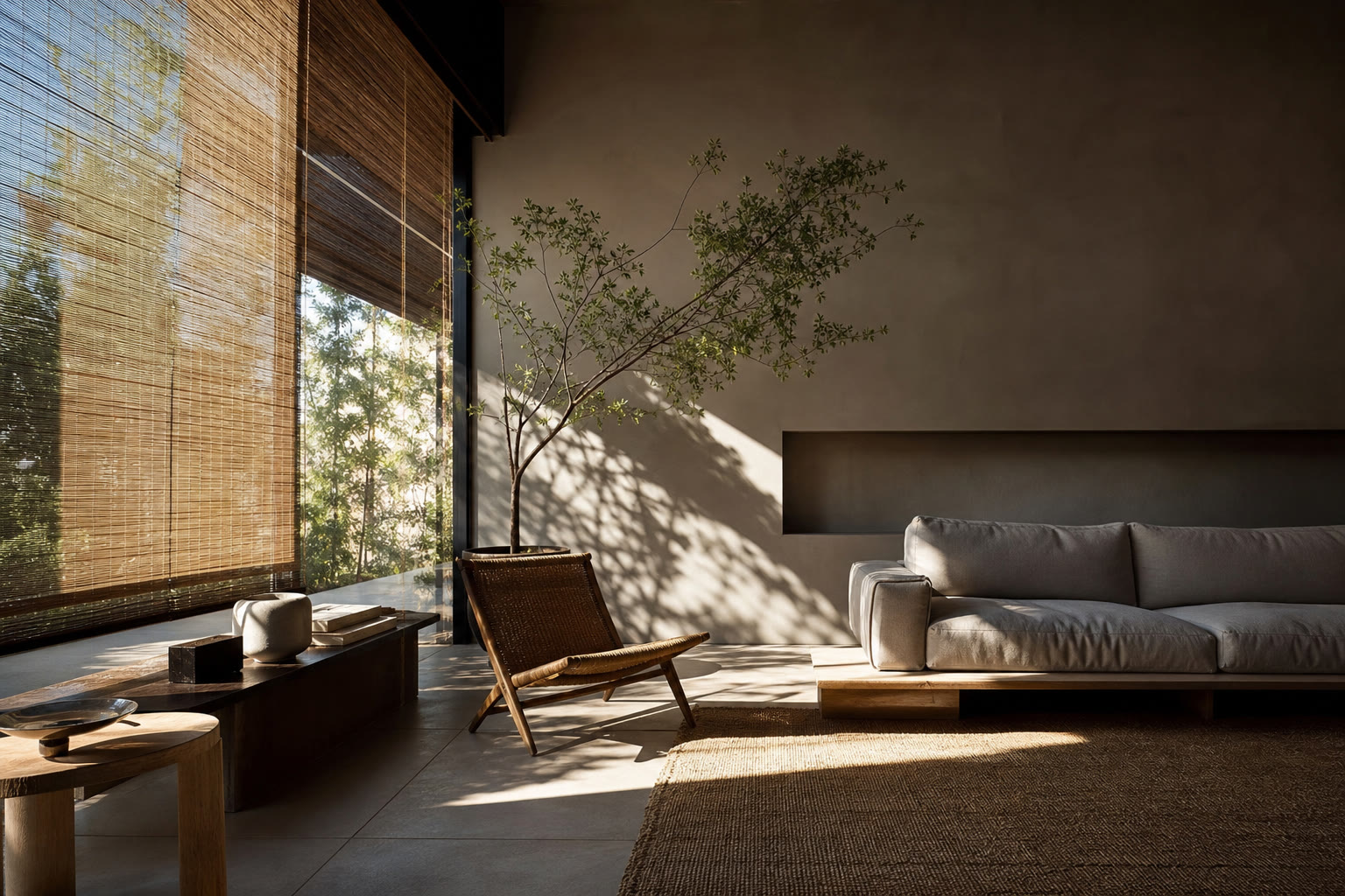 Interno estivo contemporaneo con una grande vetrata parzialmente schermata: una zona investita dal sole, un'altra in ombra fresca