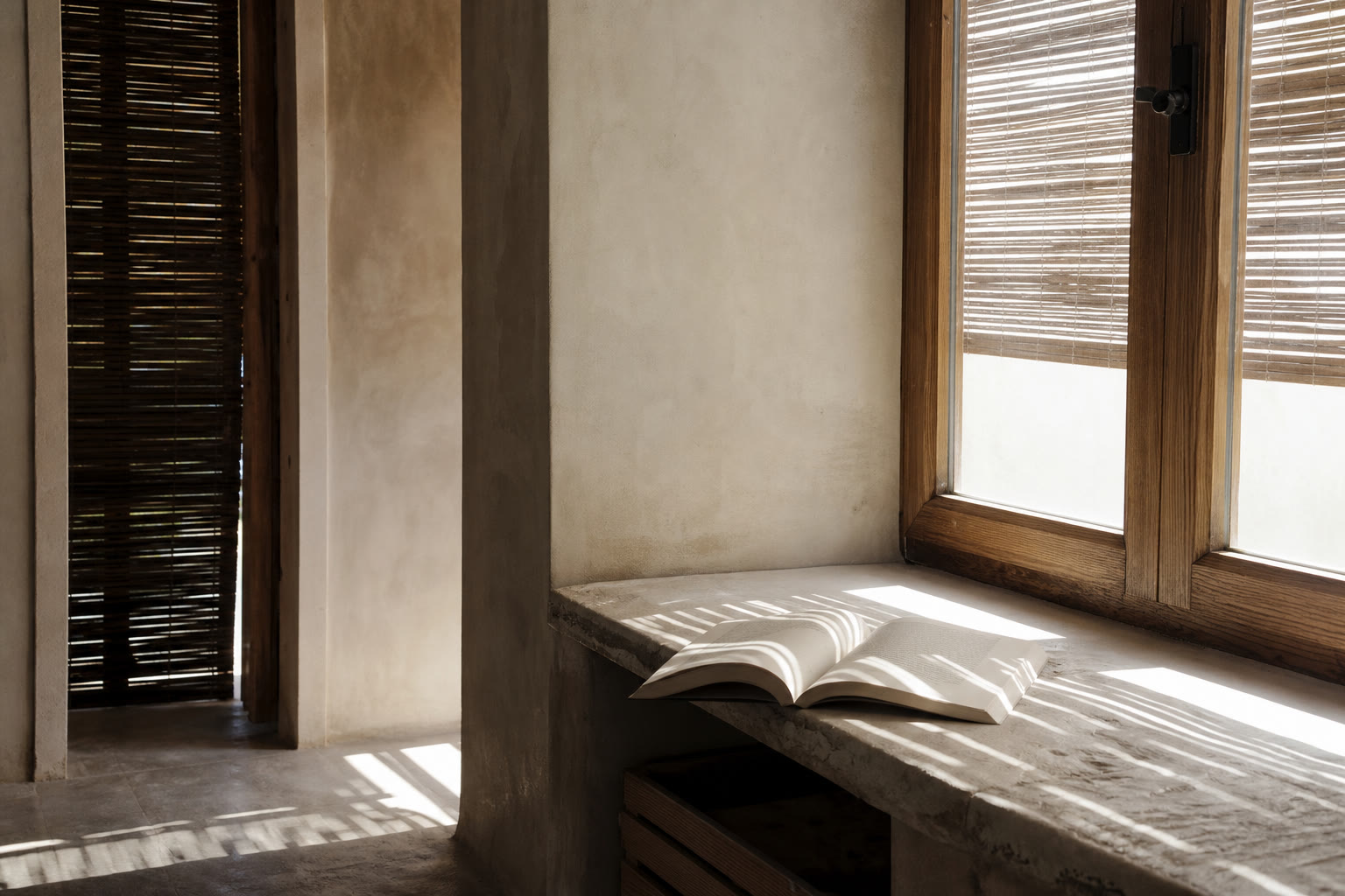 Un libro aperto in un contesto architettonico estivo sobrio, vicino a una finestra schermata con luce d'agosto filtrata