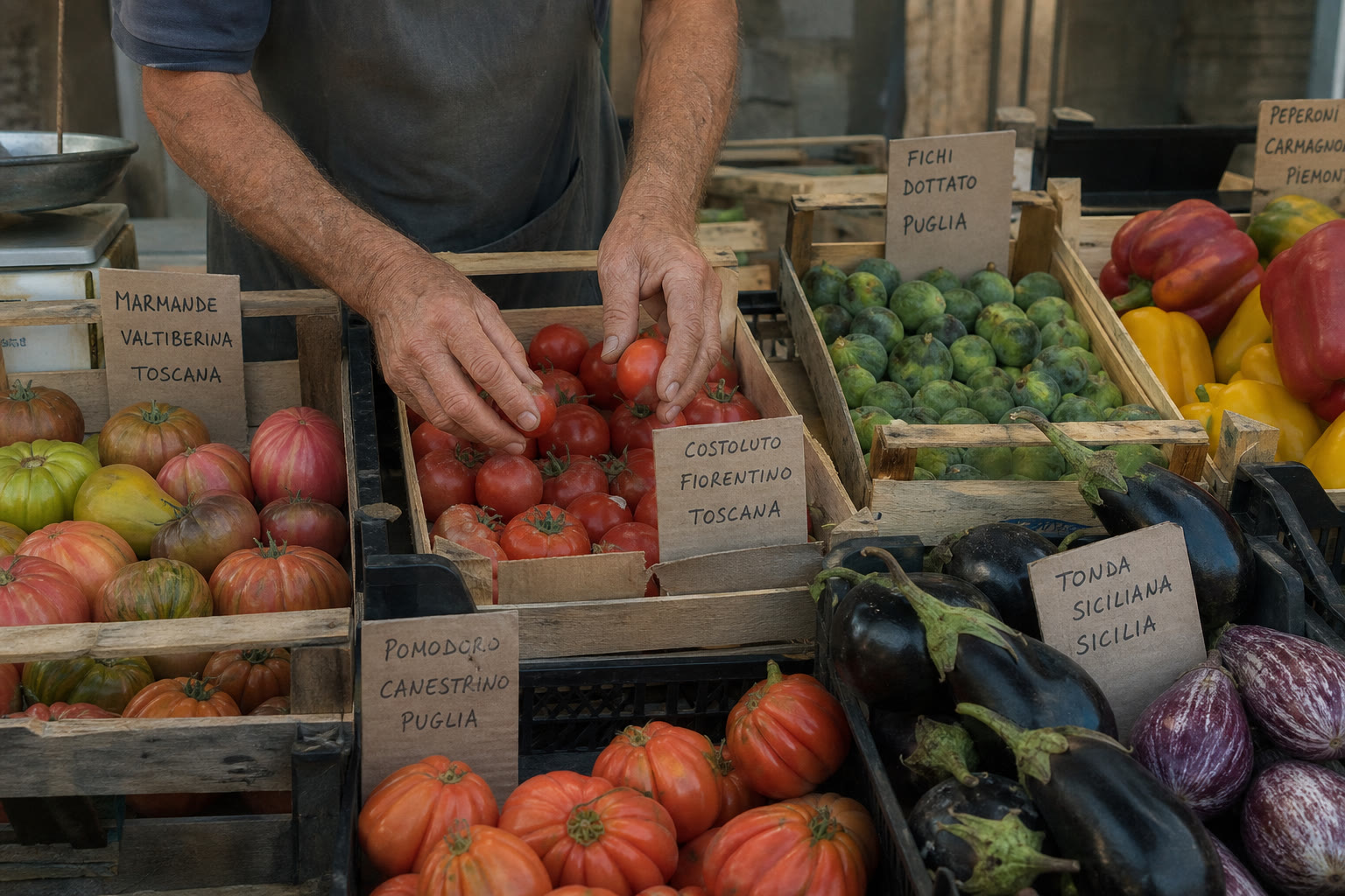 Mercato agricolo italiano nelle prime ore del mattino: cassette di pomodori di varietà diverse, peperoni, fichi e melanzane con cartellini scritti a mano