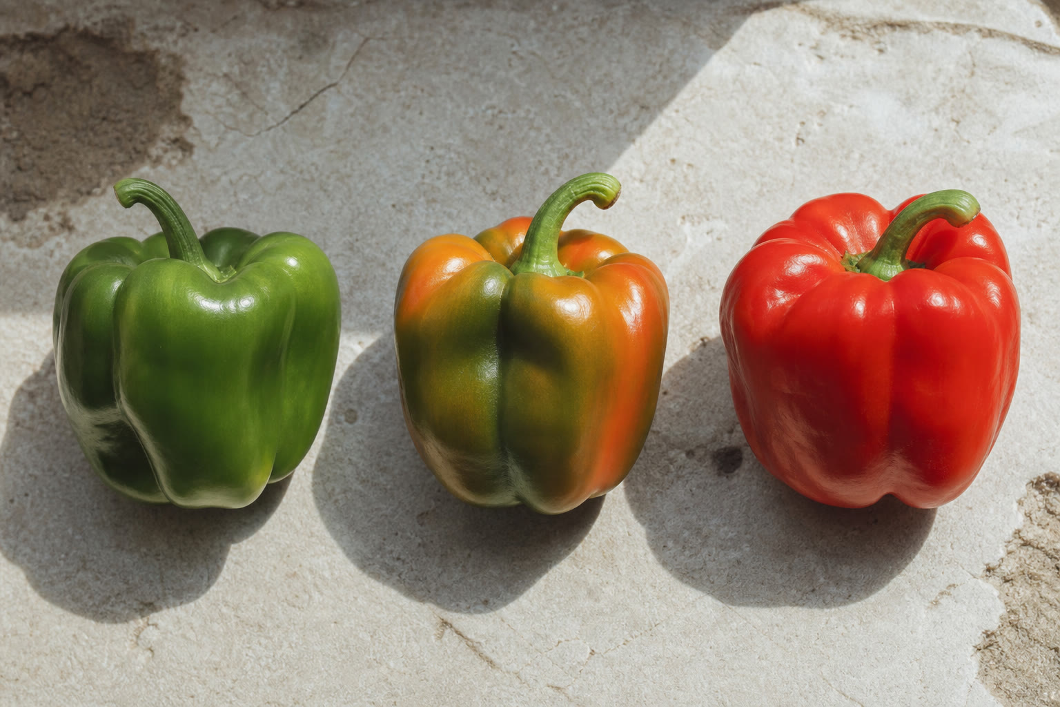 Tre peperoni italiani su pietra chiara: uno verde, uno in transizione e uno rosso pienamente maturo