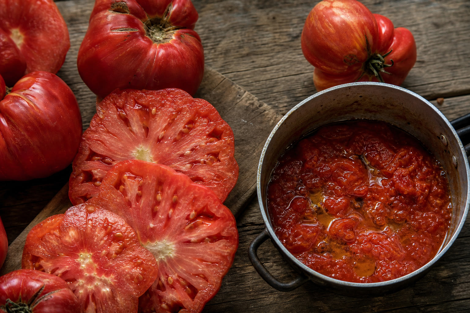 Pomodori italiani molto maturi e irregolari, alcuni tagliati con polpa e semi visibili, accanto a una casseruola di pomodoro appena cotto con olio extravergine