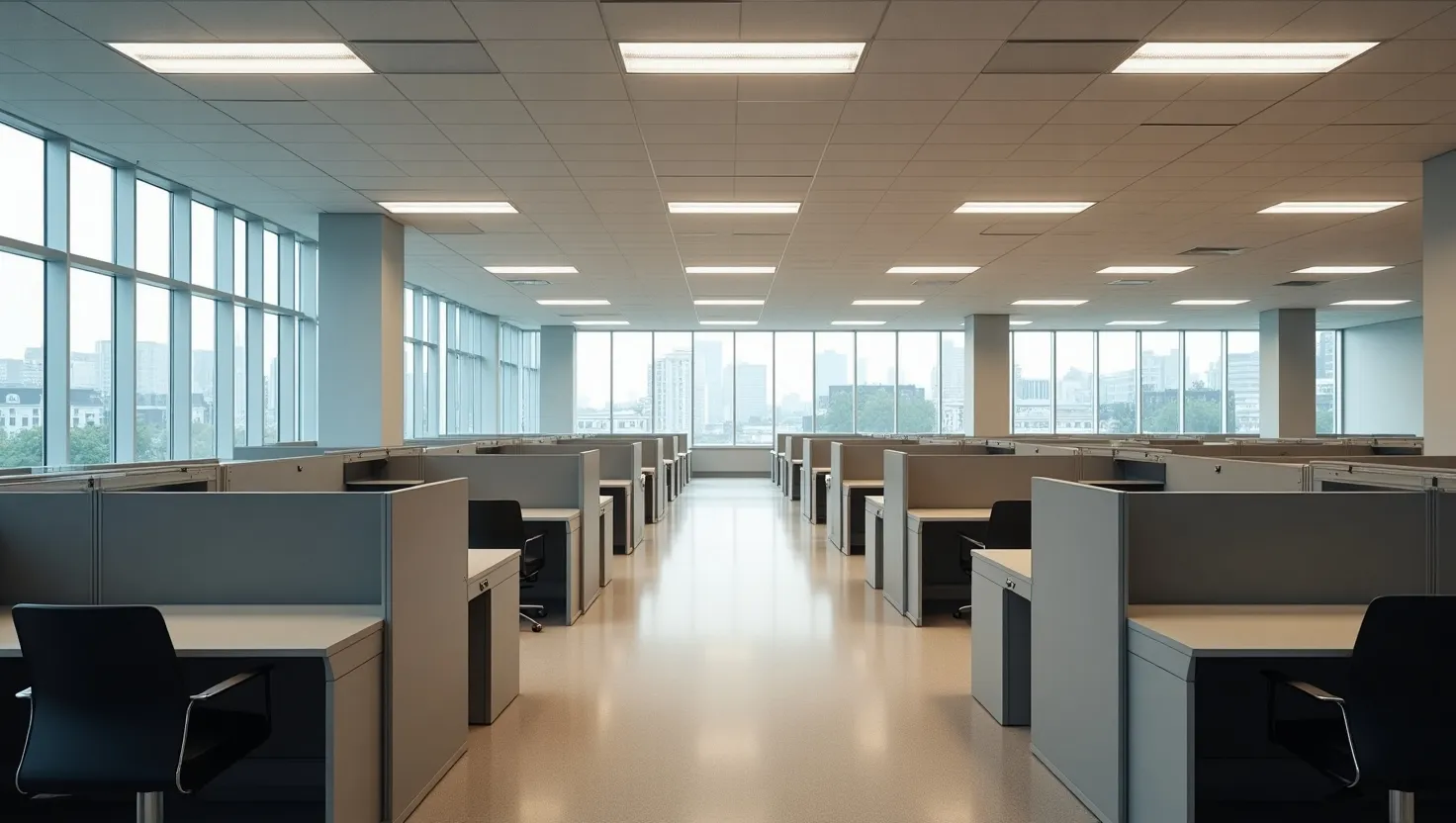 Ambiente d'Ufficio Standard, realizzato secondo i canoni dell'architettura tradizionale senza particolari attenzioni ai determinanti architettonici del benessere individuale, della produttività aumentata e con uno schema iper-razionale ma poco creativo.